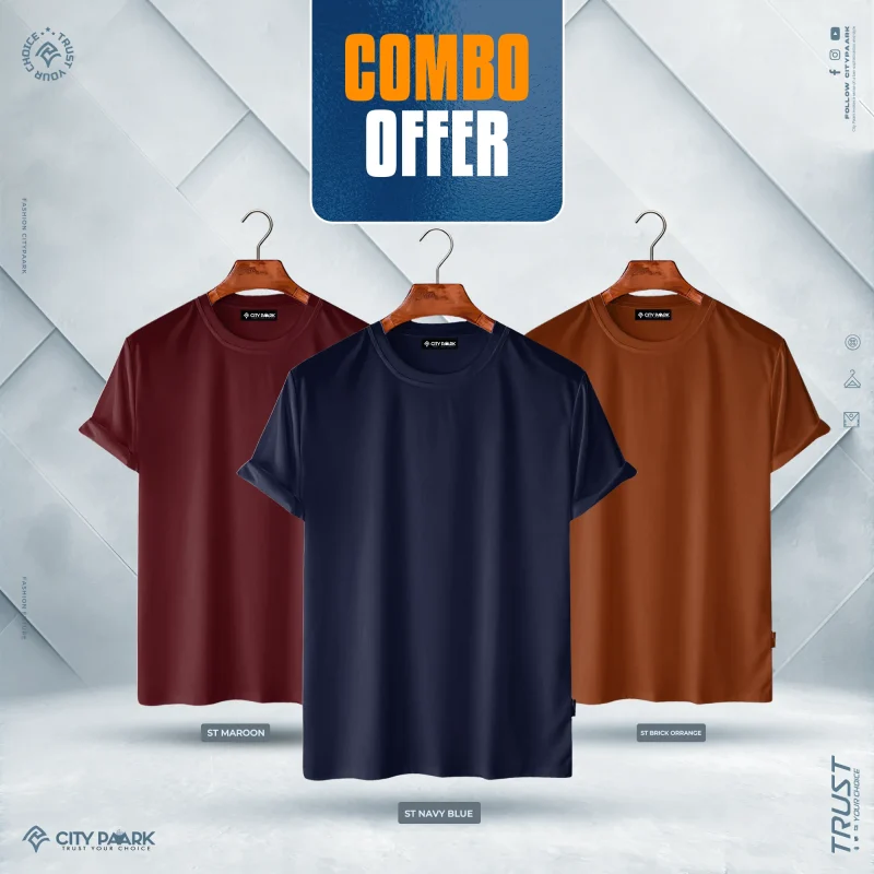 Premium Solid T-Shirt For Men – ST Maroon, Navy Blue, Brick Orrange